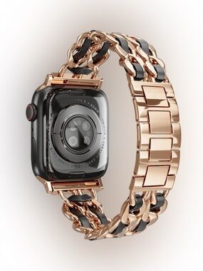 Apple Watch Bracelet Black Leather & Rose Gold Metal Chain Strap | cases 44-49mm